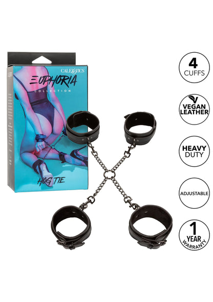 Hog tie boeien-set met 4 zwarte boeien, ketting en verstelbare gespen (vegan leer)