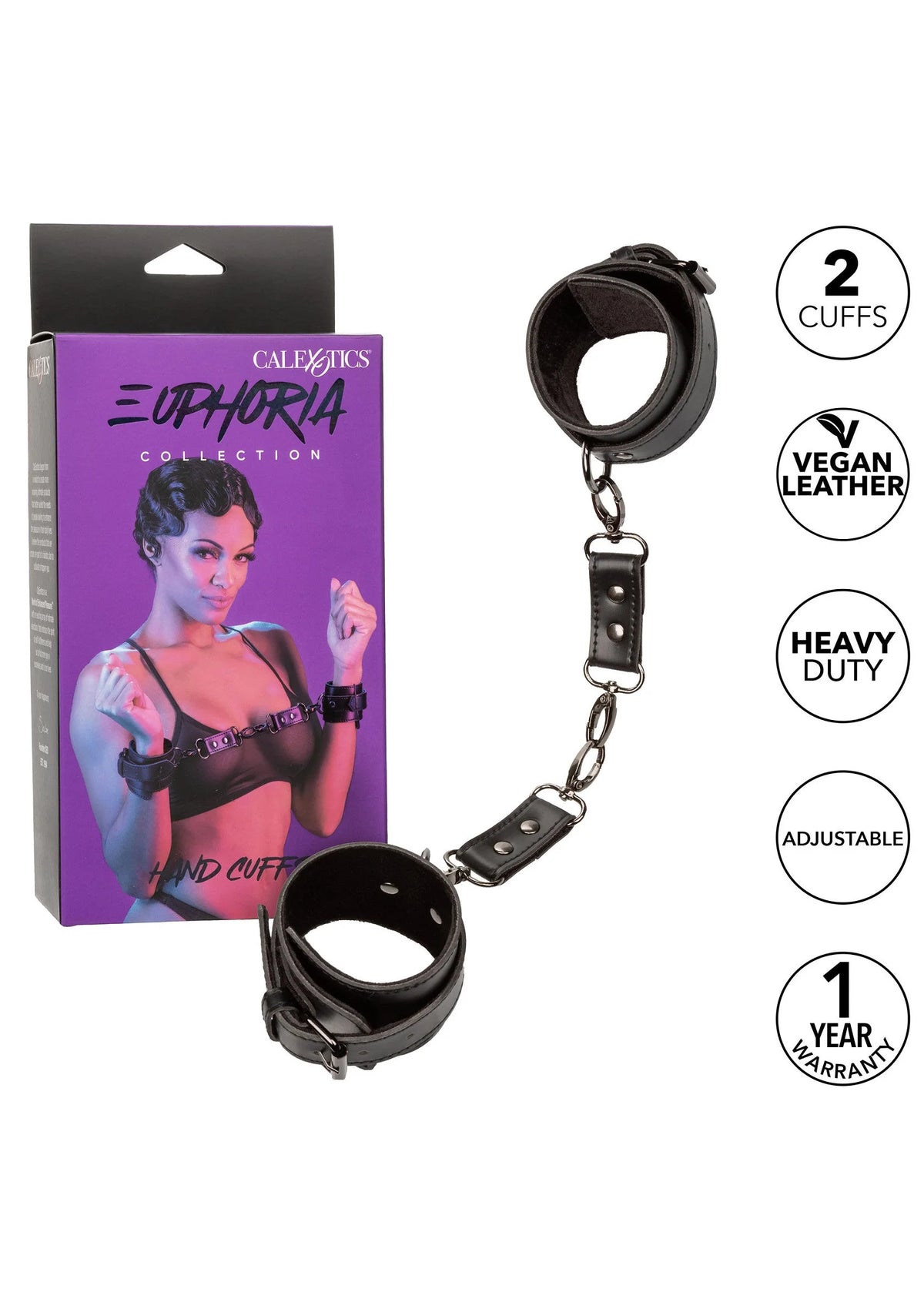 Zwarte handboeien met ketting en gespen, set van twee