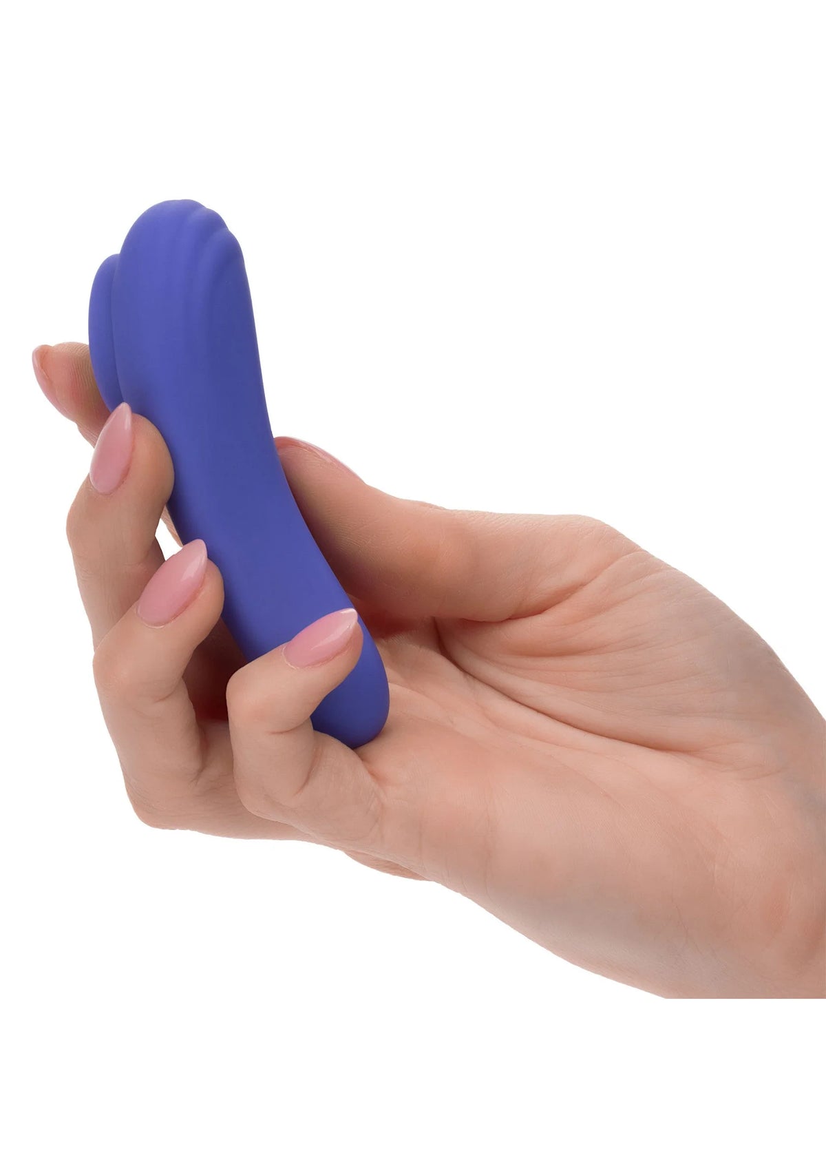 Blauwe silicone panty teaser vastgehouden in de hand, glad en compact