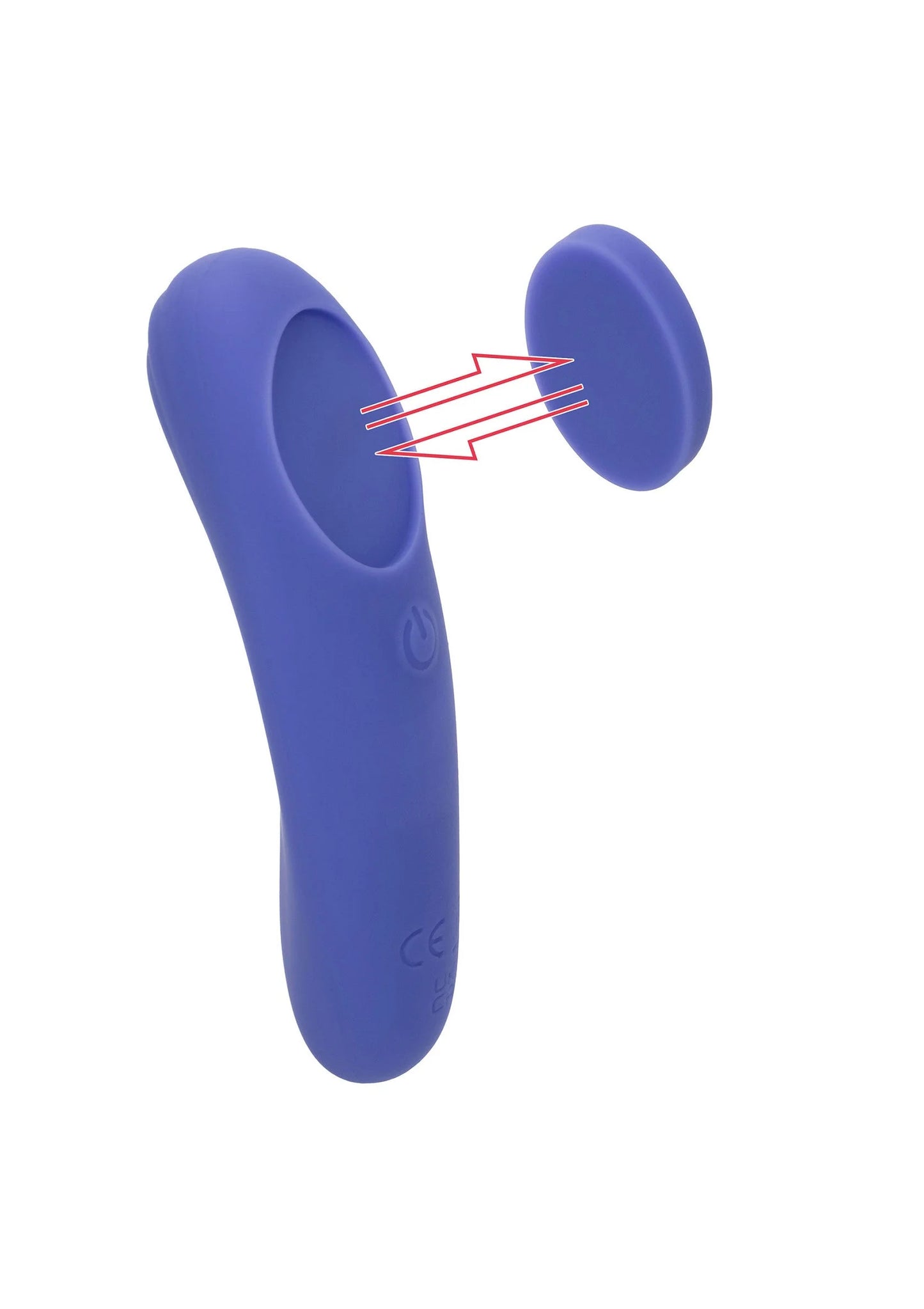 Blauwe silicone panty teaser met dubbele opening, pijlen tonen plaatsing