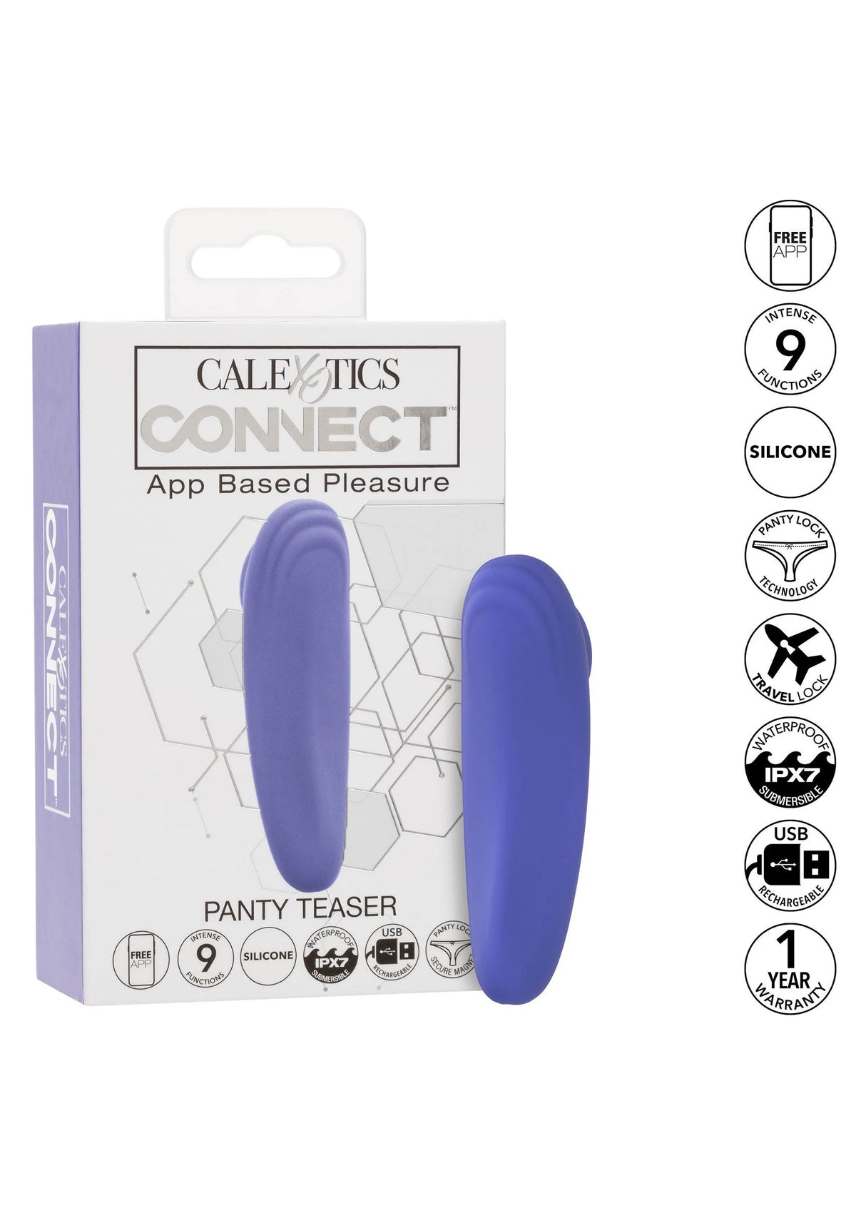 Verpakte CalExotics Connect panty teaser van siliconen, blauwe staaf