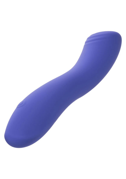 Blauwe gebogen siliconen vibrator met afgeronde punt, zijaanzicht