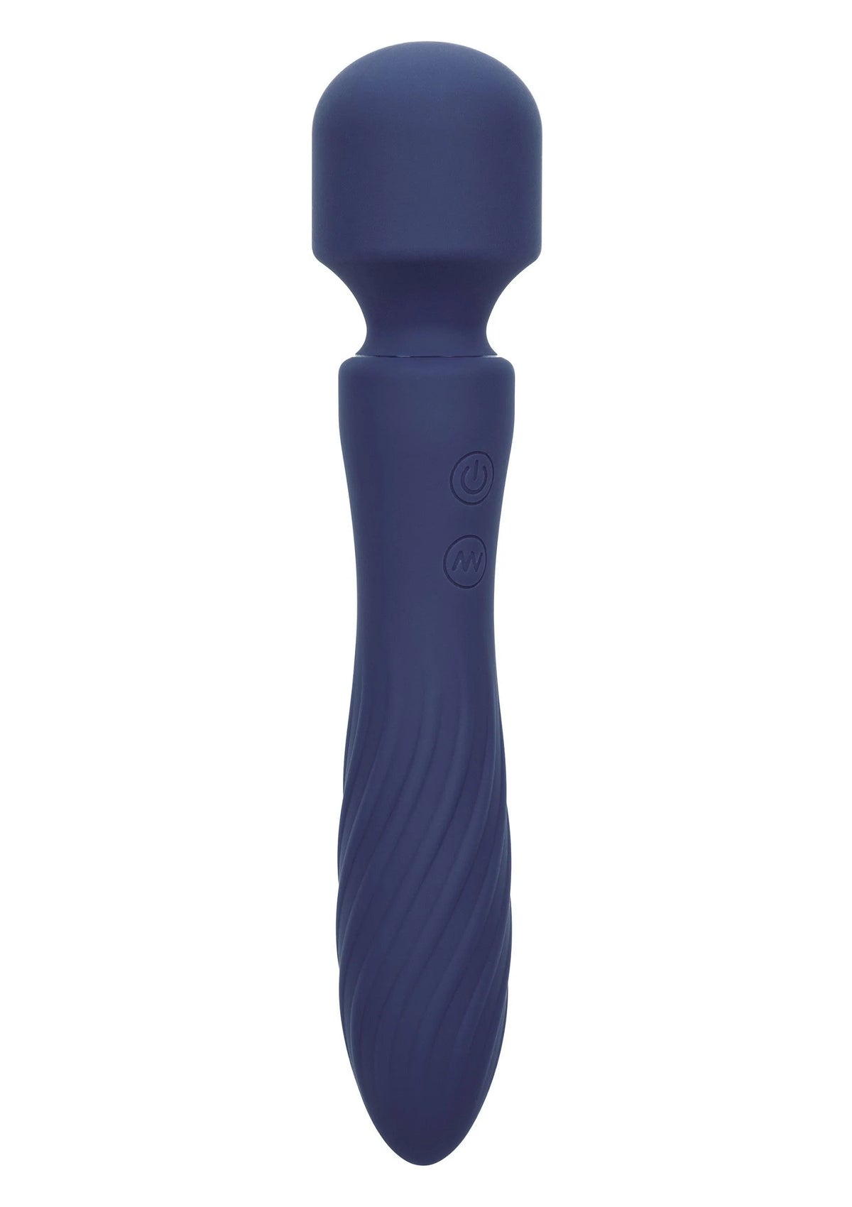 Blauwe siliconen vibratormassager met afgeronde kop en taps handvat