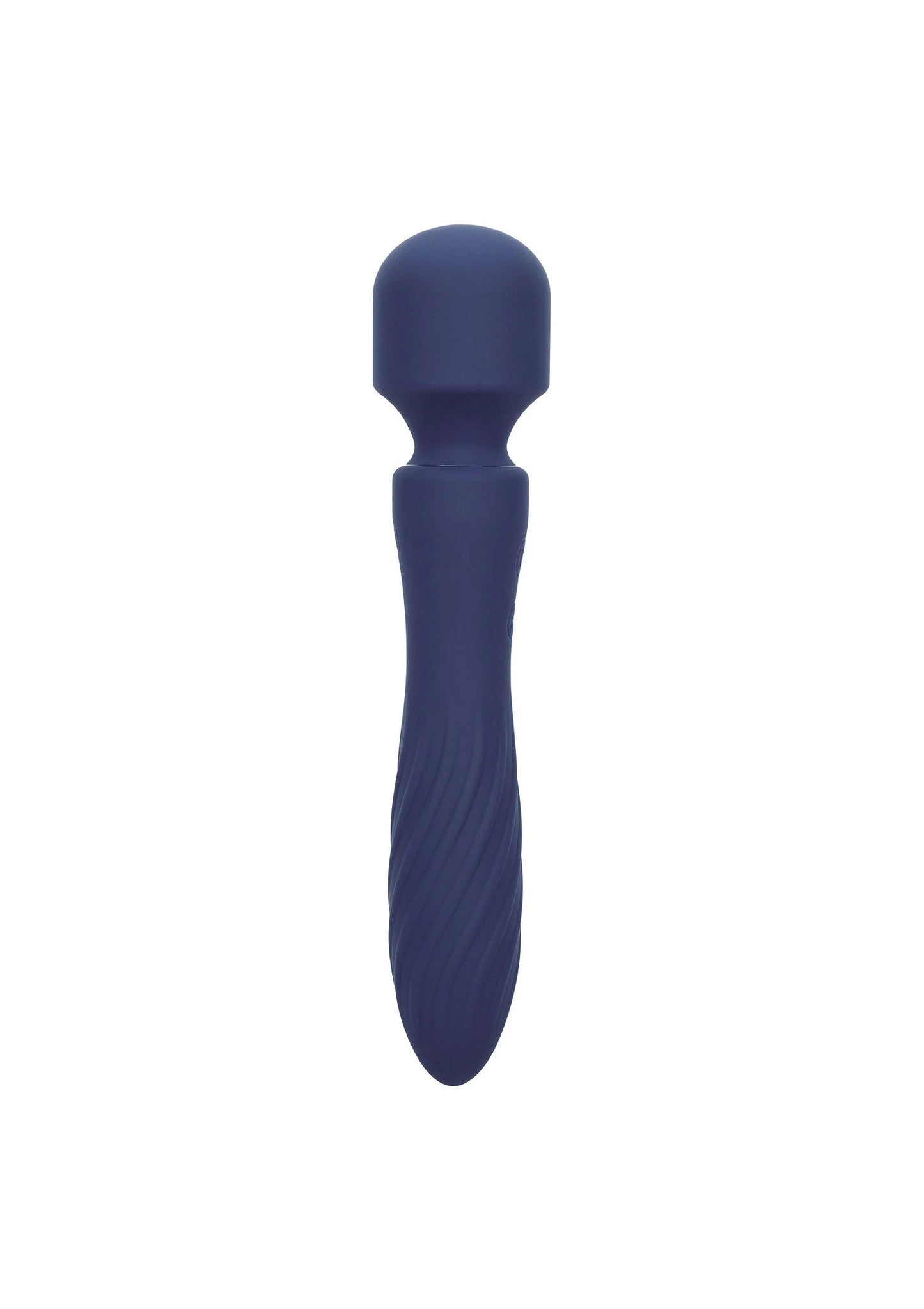 Blauwe siliconen vibratormassager met ronde kop en taps vorm, knopsectie op steel