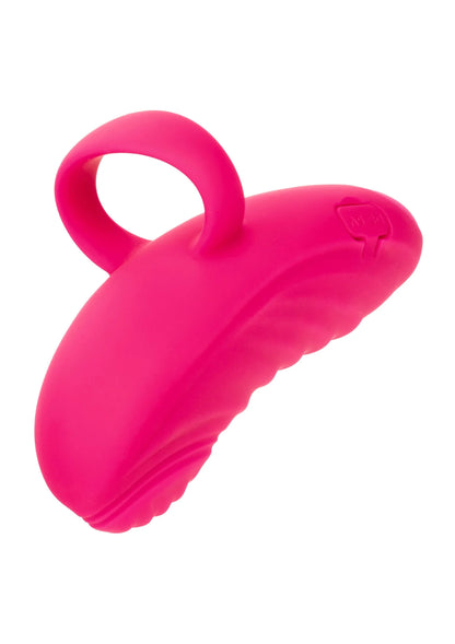 Roze handheld massagevibrator met ringgreep en brede, afgeronde kop