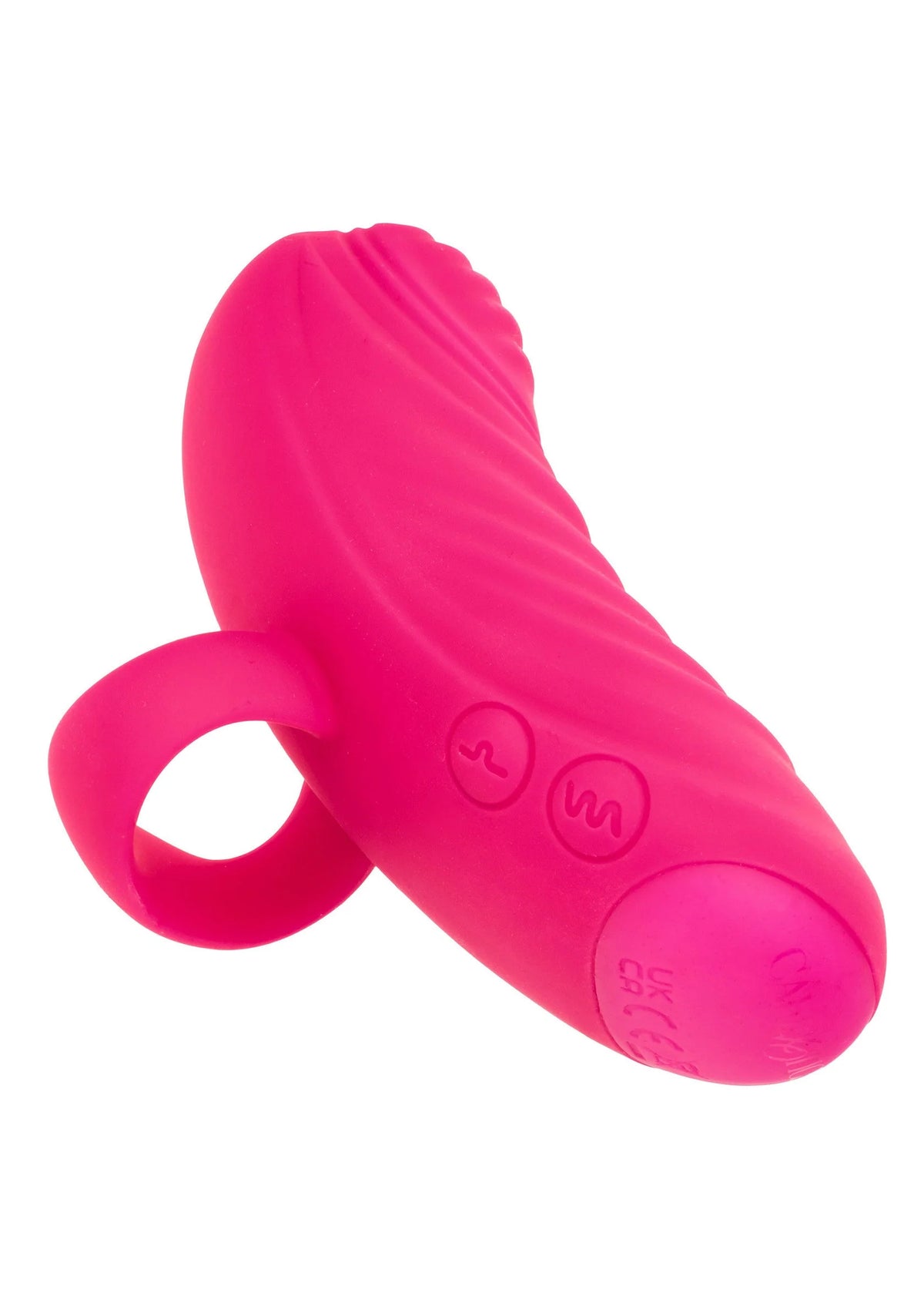Roze handheld massagevibrator met knoppen en ribbelstructuur aan de onderzijde