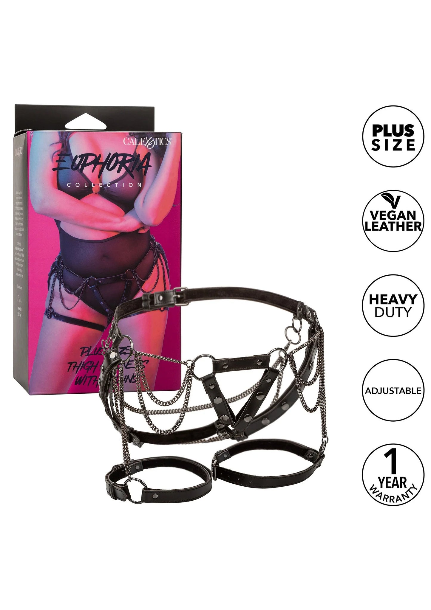 CalExotics plus-size harnas met kettingen in verpakking, met labels: vegan leather en heavy.