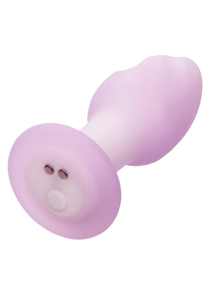 Lavendelkleurige anale plug met ronde basis en gladde vorm, zijkant