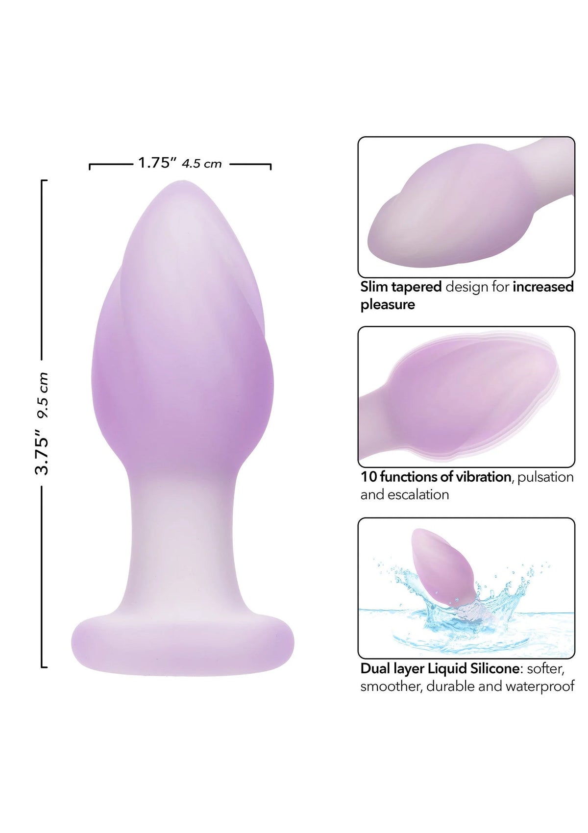 Lavendelkleurige anale plug met afmetingen en illustraties op productkaart