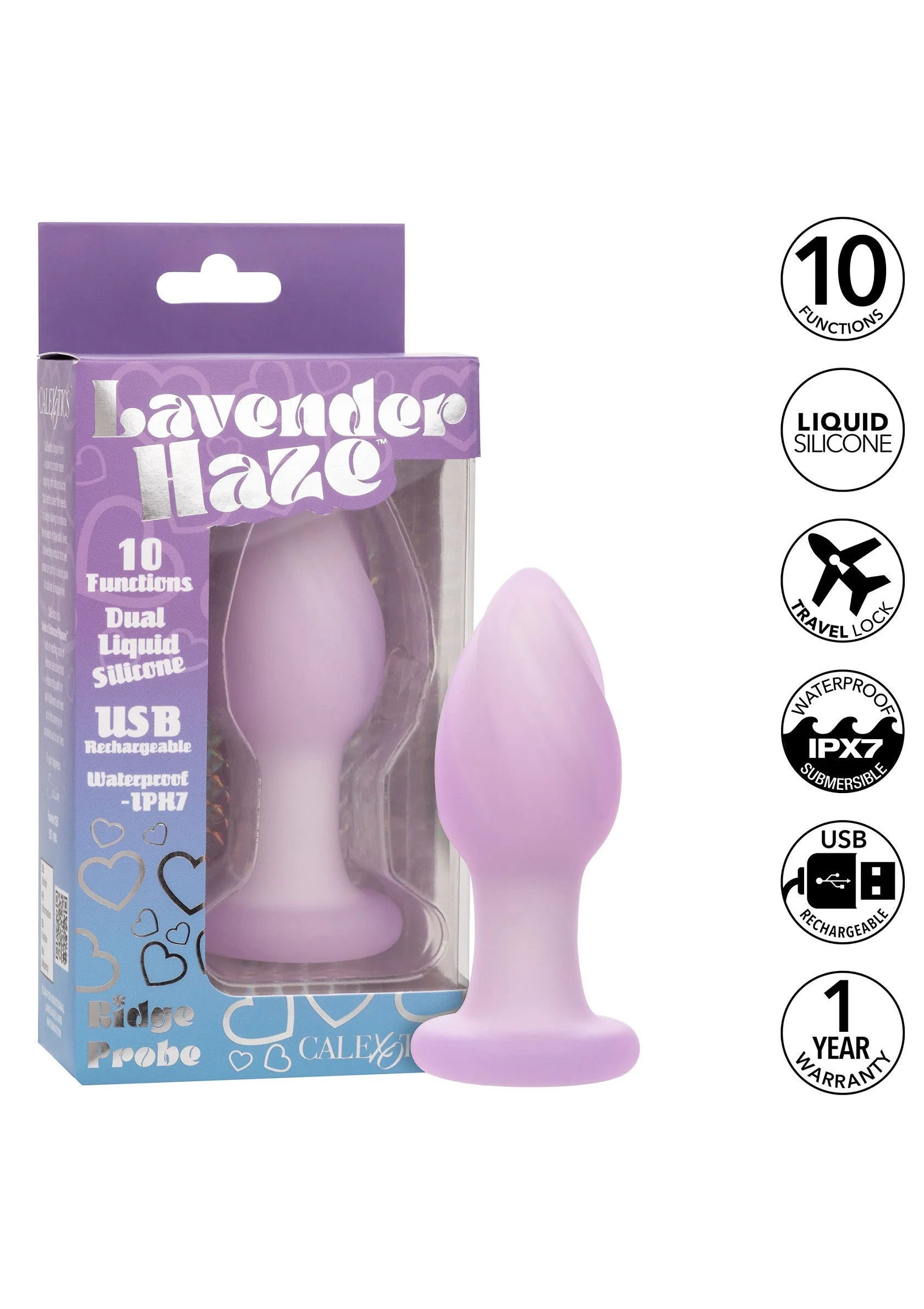 Lavendelkleurige anale plug in verpakking met tweede plug-beeld en CalExotics-logo