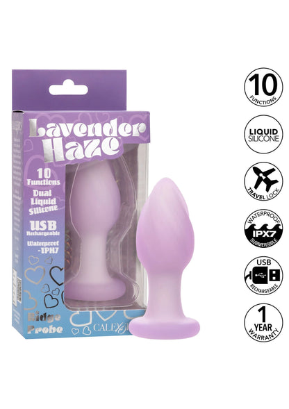 Lavendelkleurige anale plug in verpakking met tweede plug-beeld en CalExotics-logo