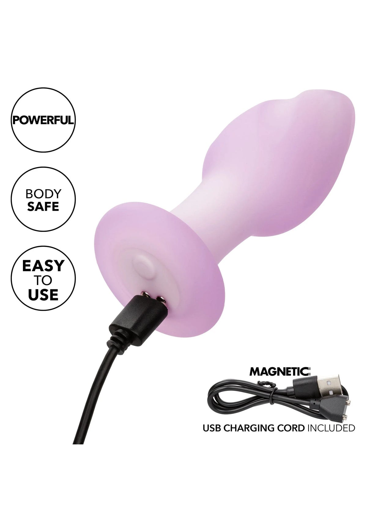 Lavendelkleurige anale plug met USB-laadkabel en oplaadstekker