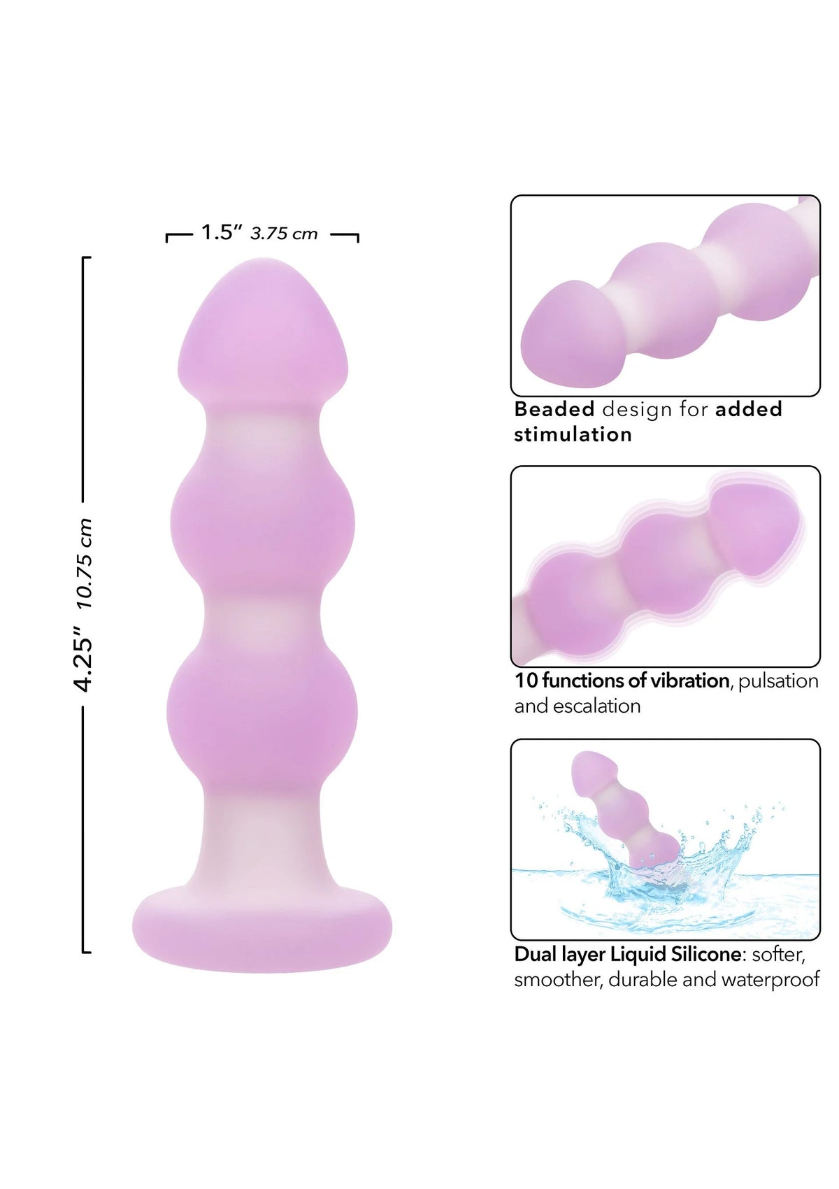 Lila siliconen beaded probe met ronde knoppen, naast maatlijnen op de doos