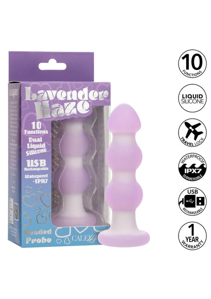 Verpakkingsdoos met lila siliconen beaded probe, 10 functies en USB label zichtbaar