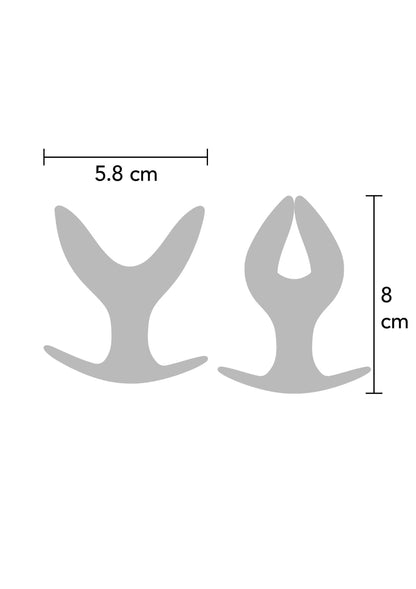 Maatdiagram met grijze anale plugs en afmetingen 5,8 cm en 8 cm