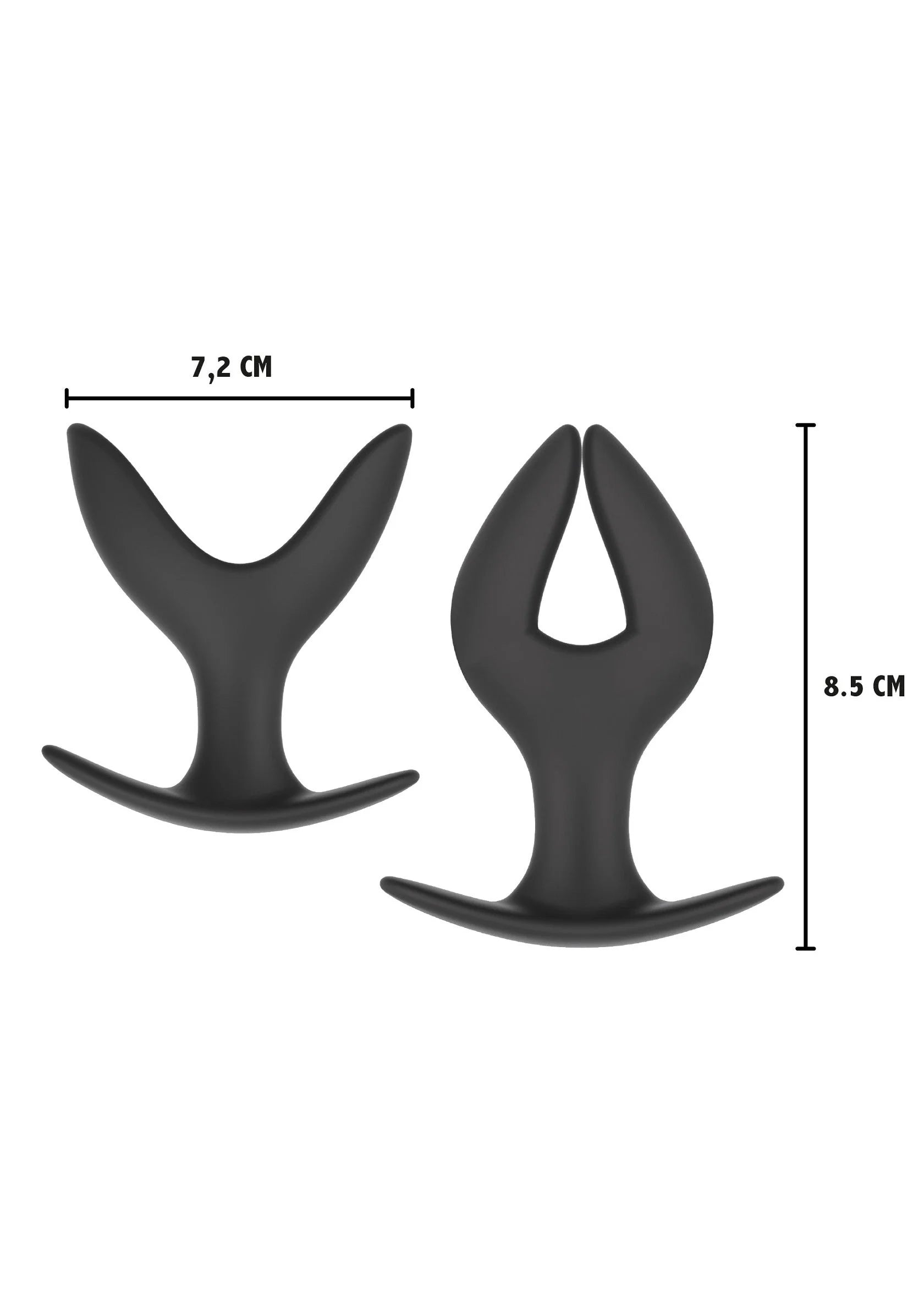 Anale plug met afmetingen: 7,2 cm breed en 8,5 cm hoog, zwarte vorm