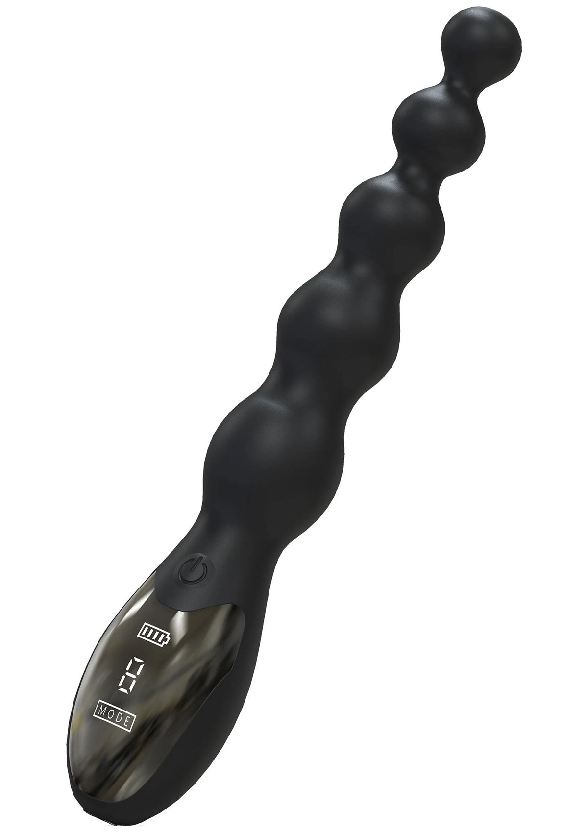 Anale vibrator in zwart met bolletjesstructuur en transparant display op handgreep