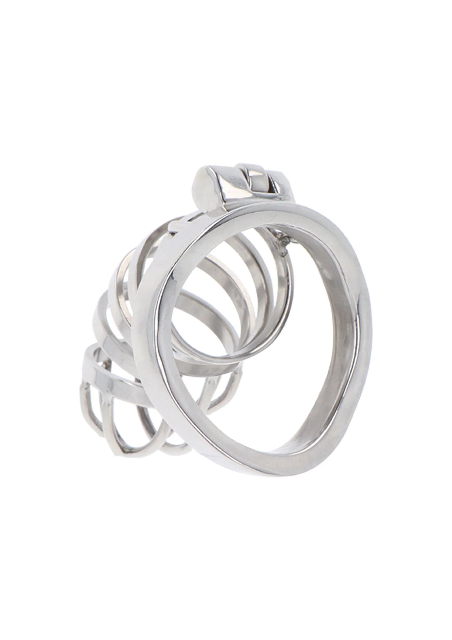 Metalen cockkooi met bovenklem en twee grote ringen, glanzend zilver