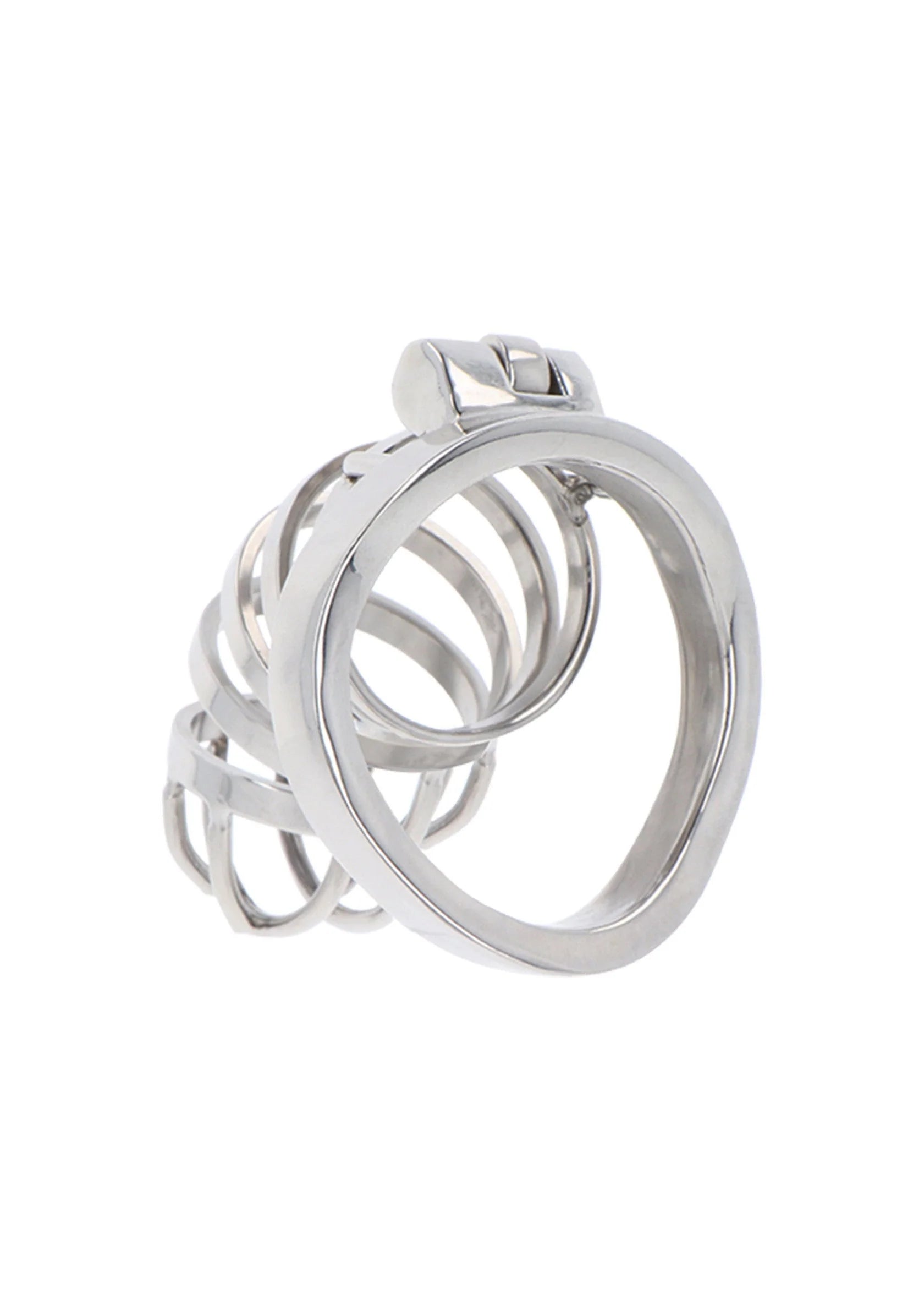Metalen cockkooi met bovenklem en twee grote ringen, glanzend zilver