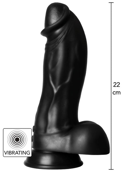 Zwarte vibrerende dino-monster dildo met brede ronde voet en glad glanzend oppervlak