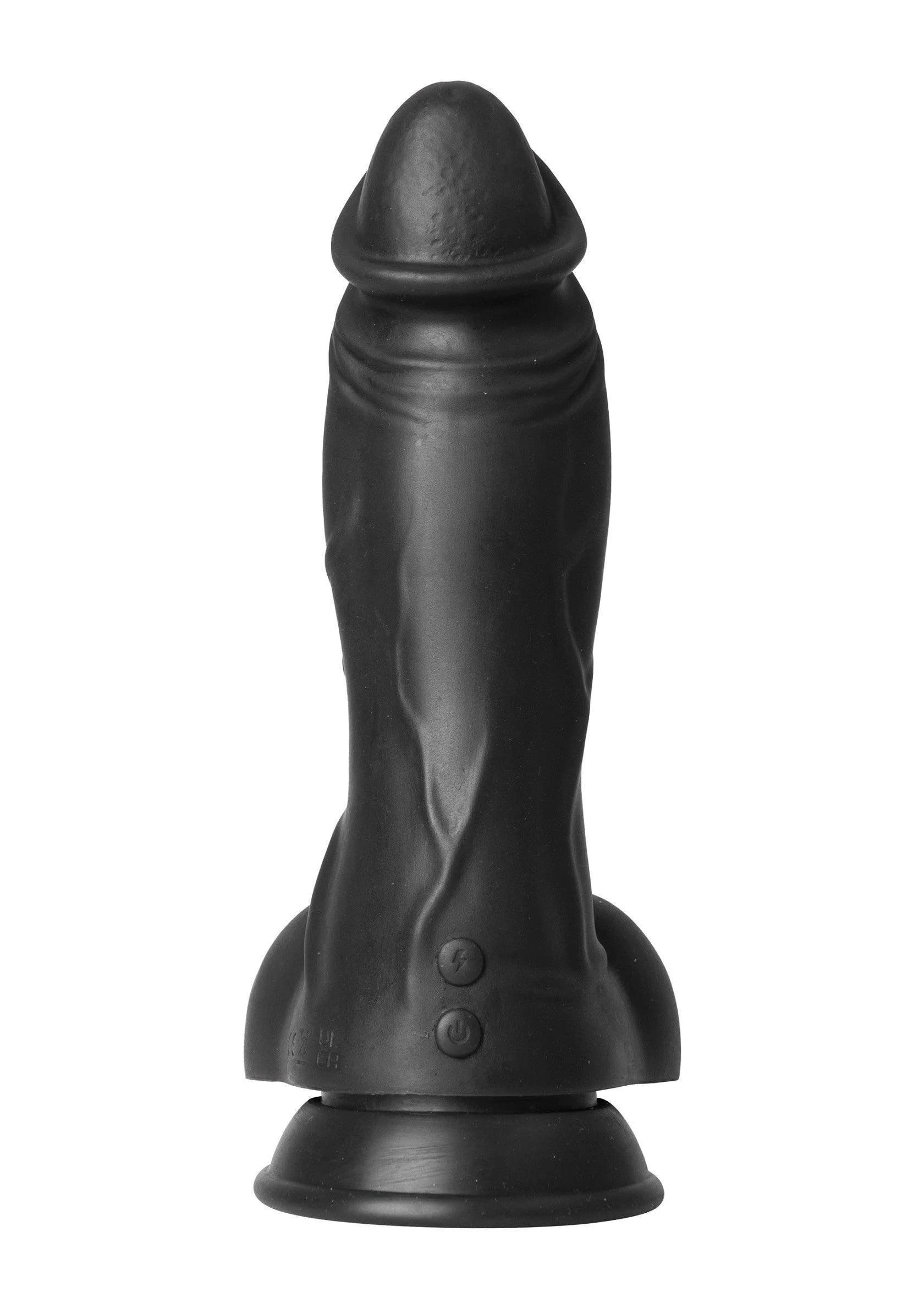 Zwarte vibrerende dildo met ronde voet en smallere hals, detail met kleine knopjes