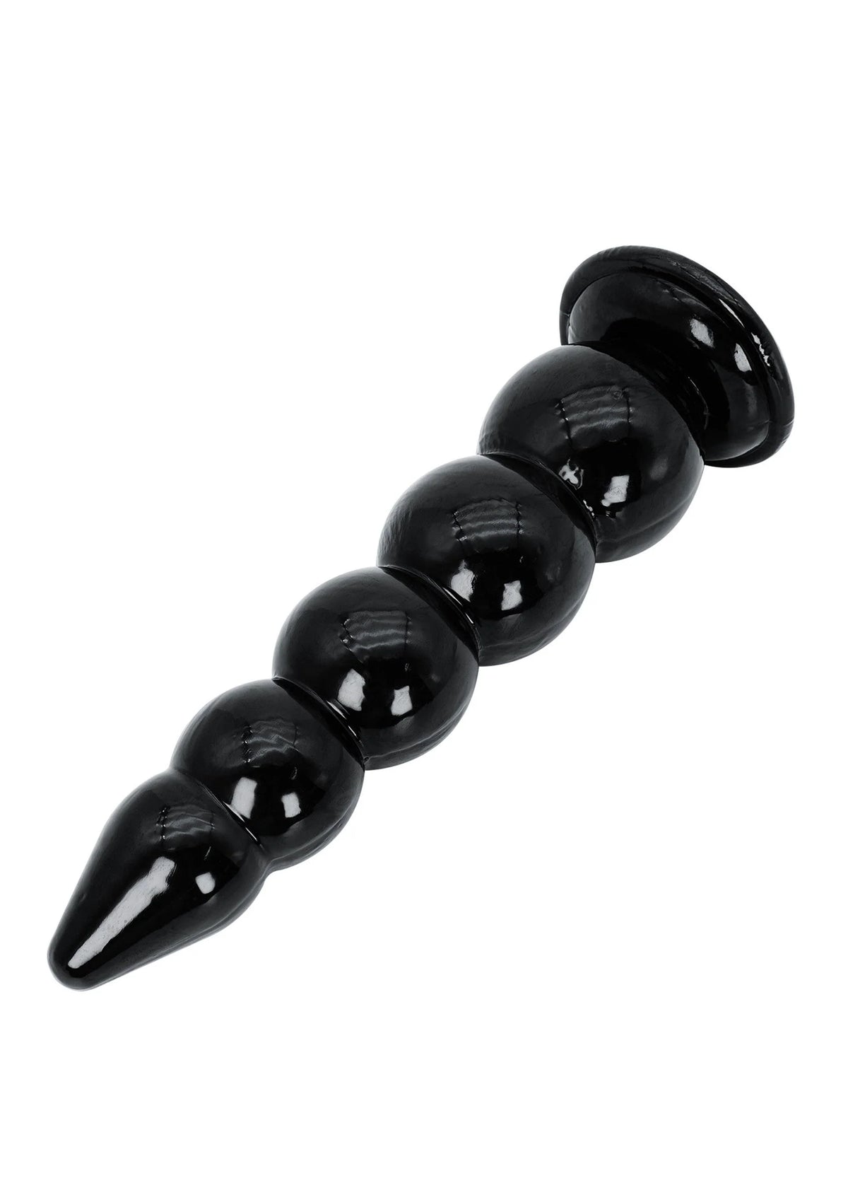 Zwarte glanzende buttplug met bolvormige segmenten en taps toelopende punt, Hidden Desire.