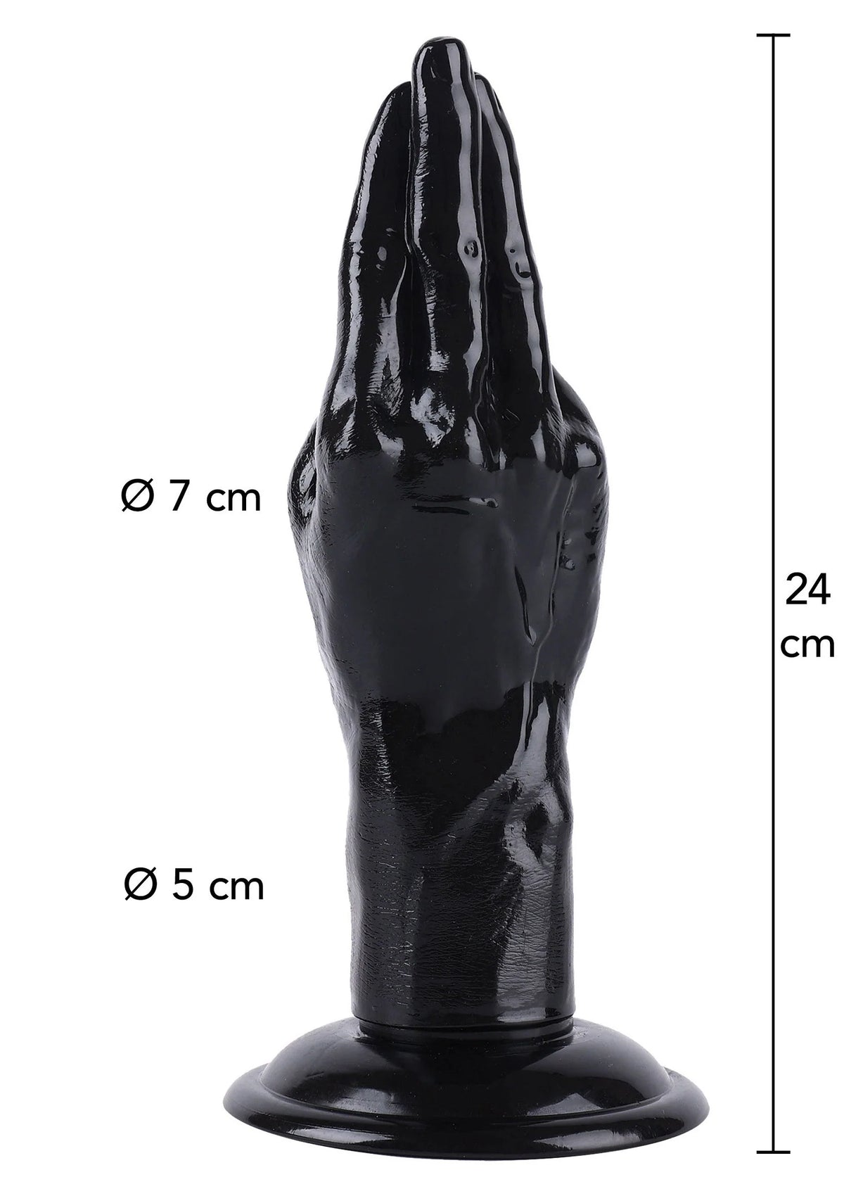 Zwarte glanzende handvormige seksspeeltje, voet en vingers, 24 cm lengte