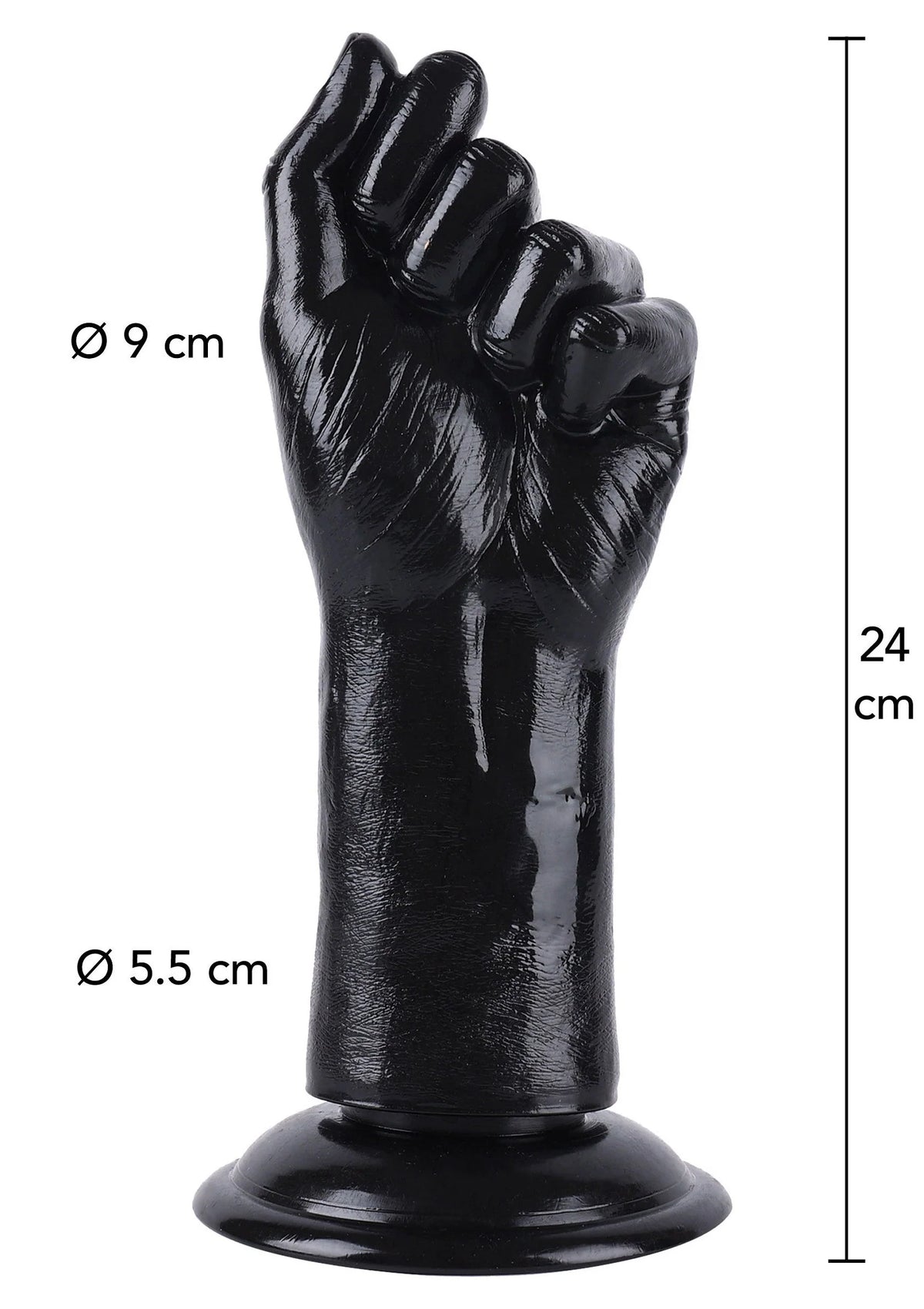 Glanzende zwarte dildo met handvormige kop, 24 cm hoog, Ø 9 en Ø 5,5 cm