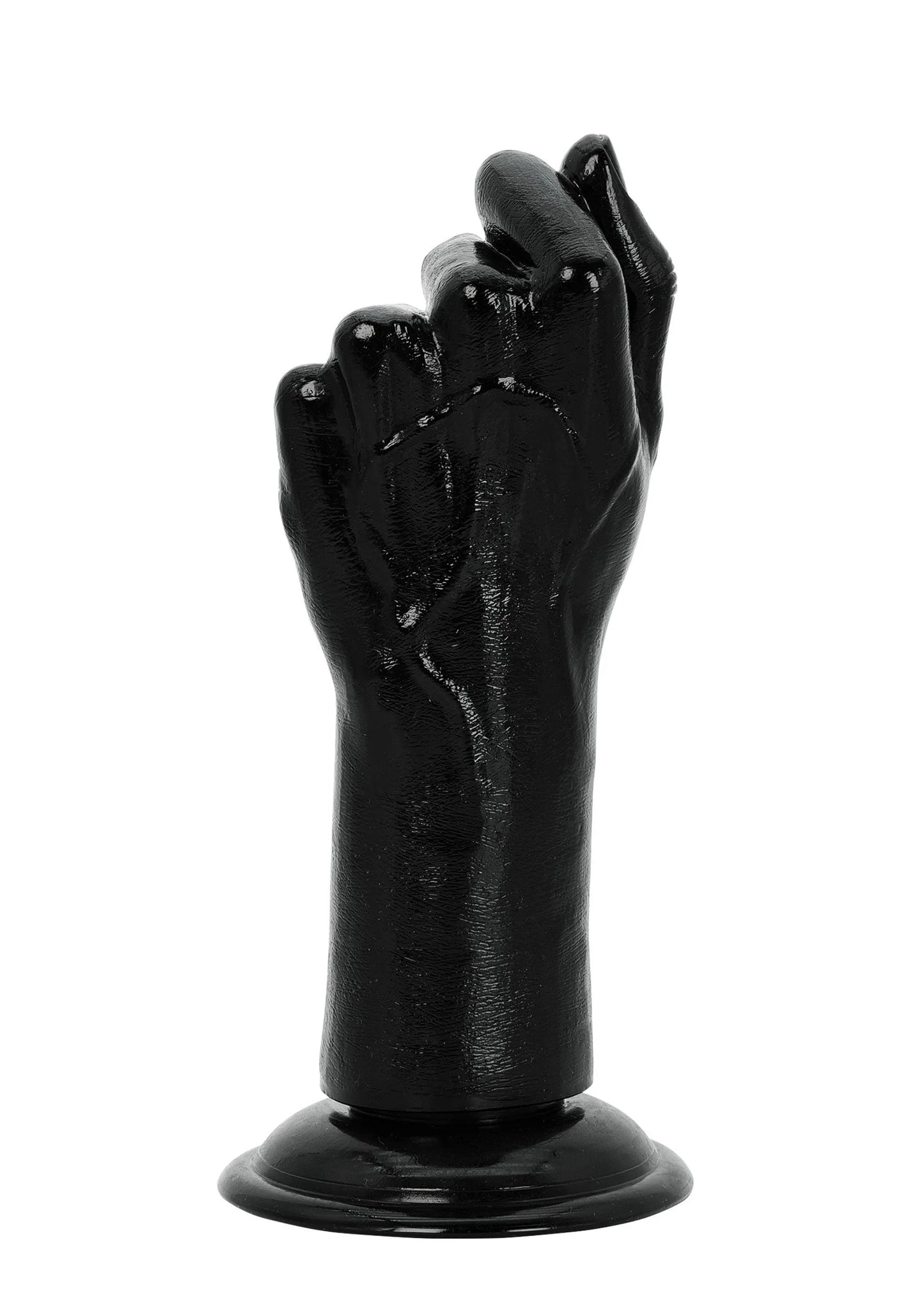 Glanzende zwarte dildo met handvormige kop en voetbasis, frontaal van achteren