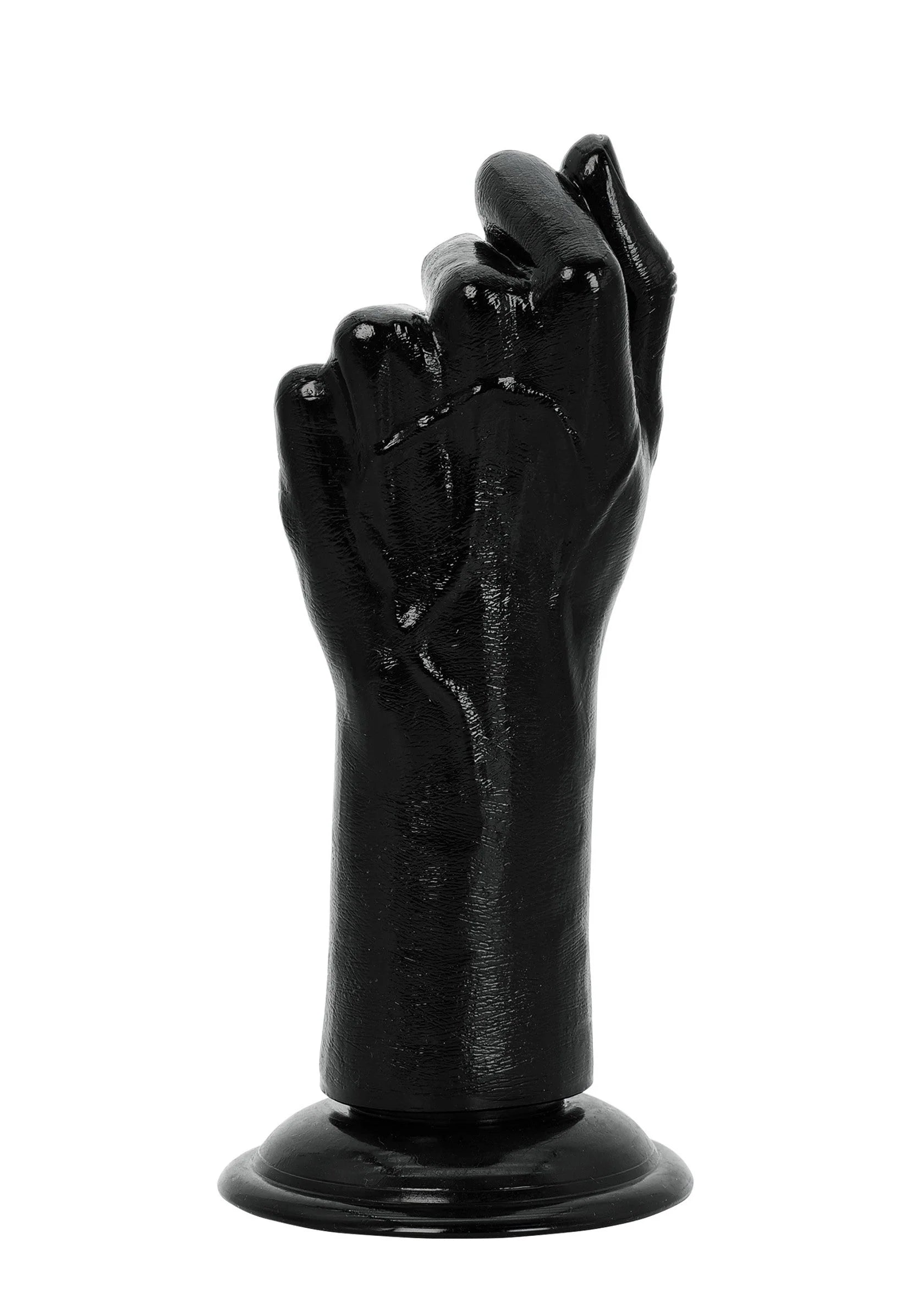 Glanzende zwarte dildo met handvormige kop en voetbasis, frontaal van achteren