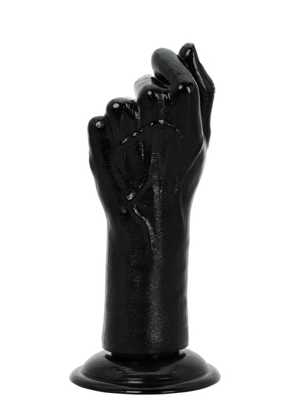 Glanzende zwarte dildo met handvormige kop en voetbasis, frontaal van achteren