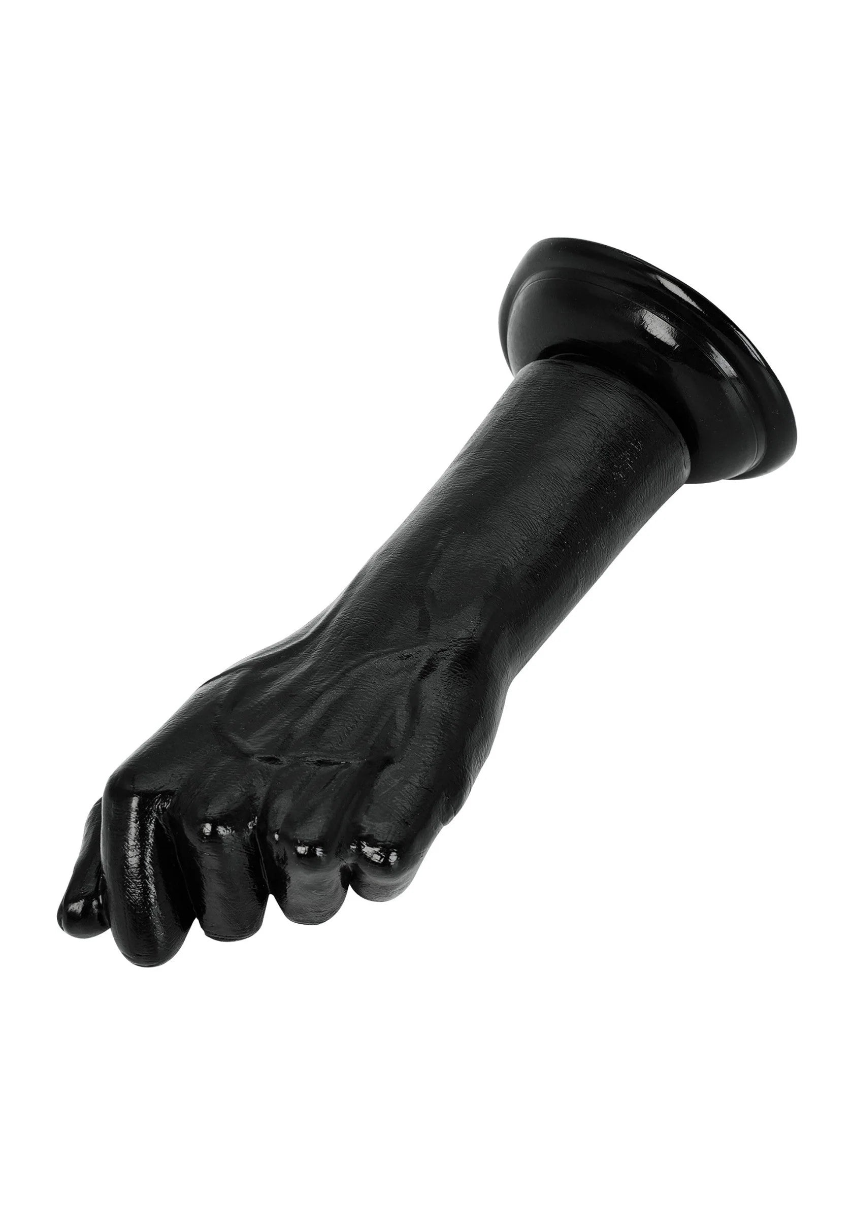 Glanzende zwarte dildo met handvormige uiteinden en afgeronde kop, diagonaal