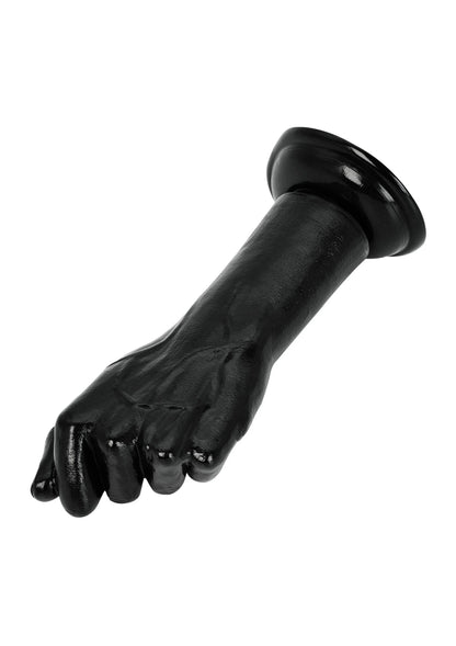 Glanzende zwarte dildo met handvormige uiteinden en afgeronde kop, diagonaal