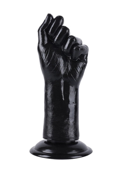 Glanzende zwarte dildo met handvormige kop en platte voetbasis, recht van voren