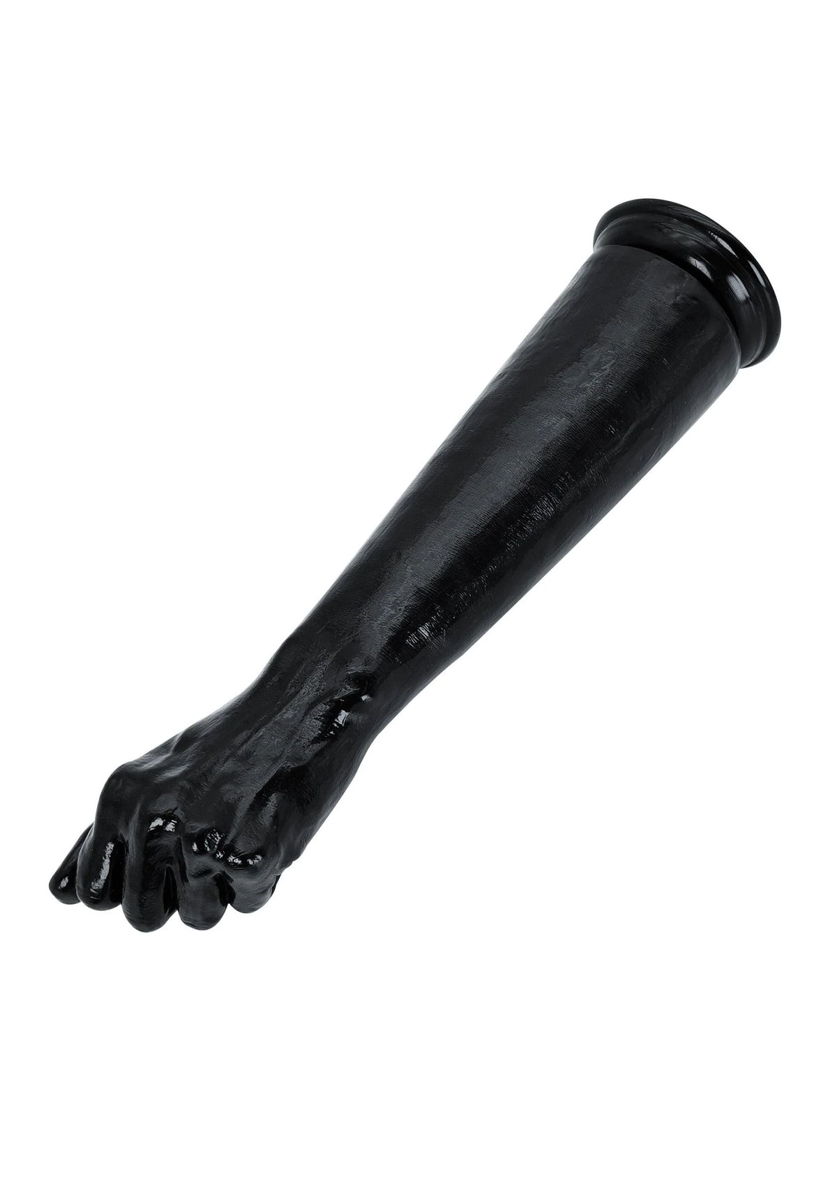 Zwarte, glanzende dildo in zijaanzicht met opgerolde rand bij het brede uiteinde