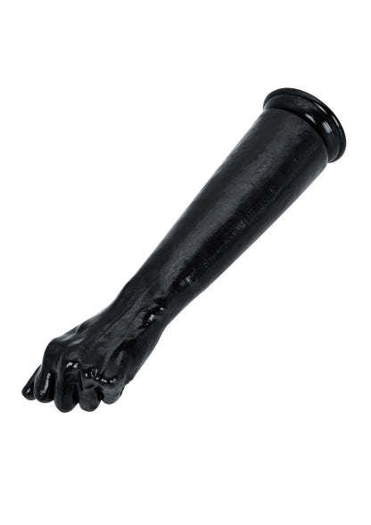 Zwarte, glanzende dildo in zijaanzicht met opgerolde rand bij het brede uiteinde