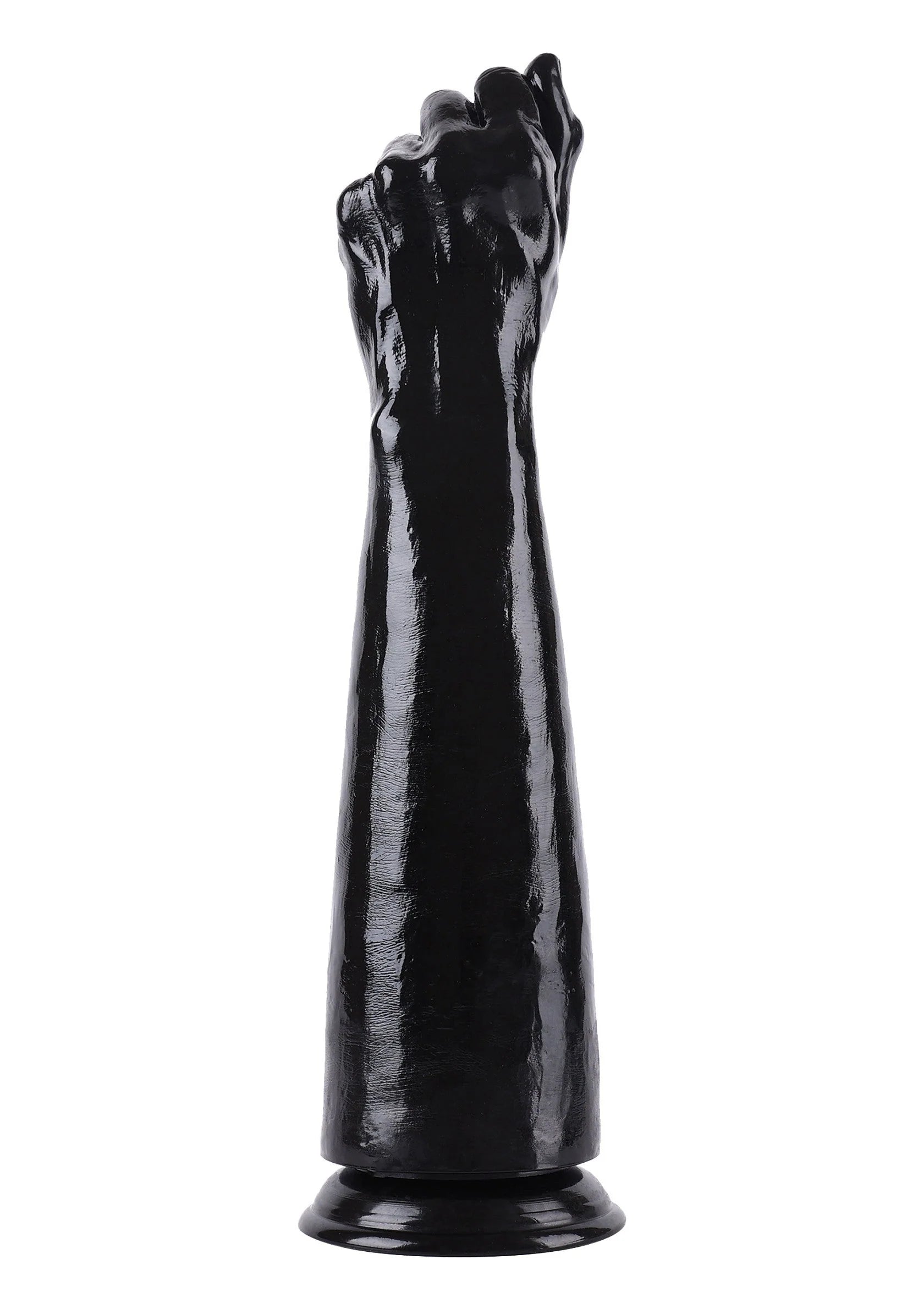 Zwarte, glanzende dildo vanuit lage hoek met vingervormige top