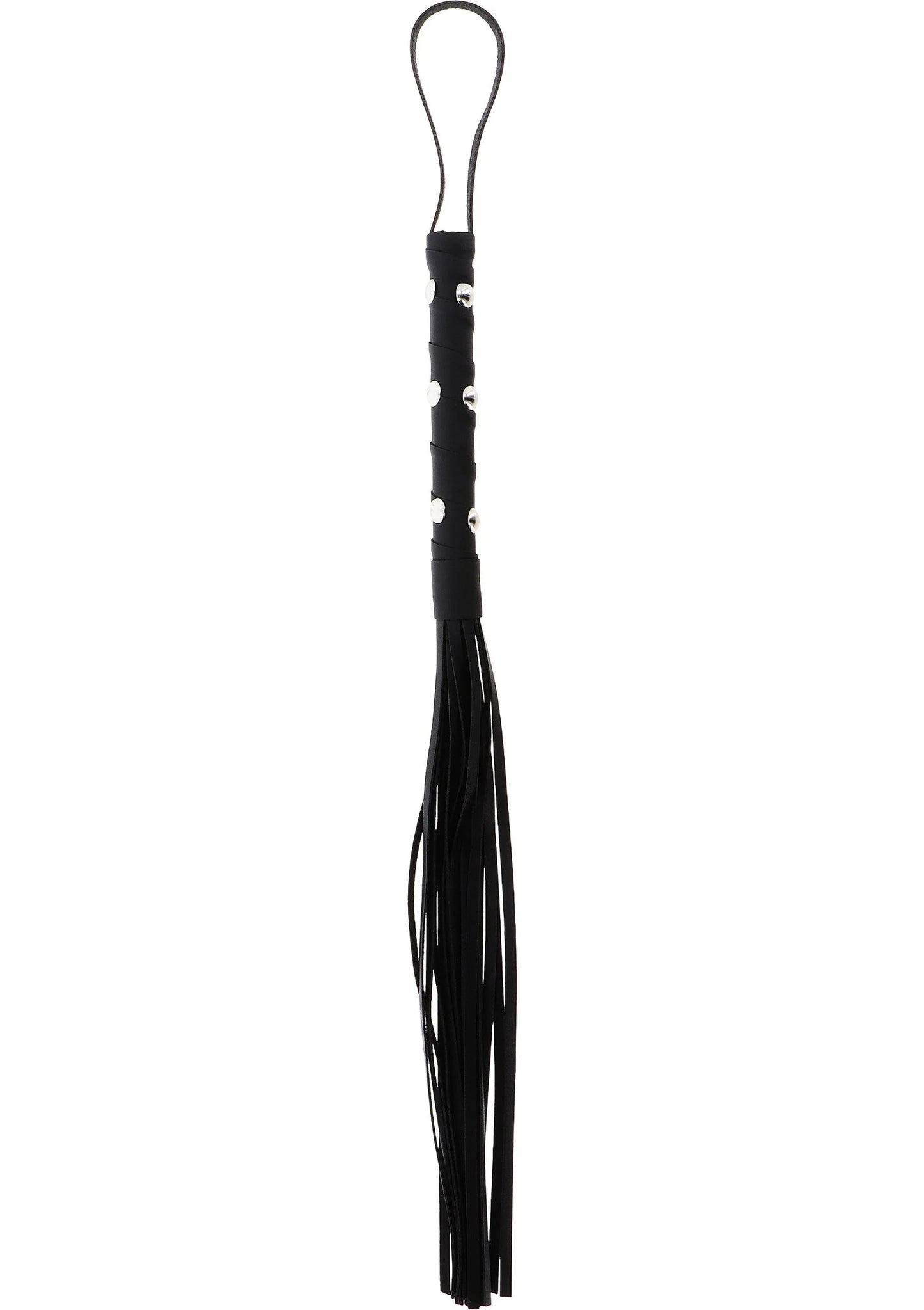 Zwarte flogger met studded handvat en lange leren franjes; ophanglus bovenaan