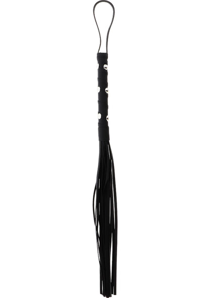 Zwarte flogger met studded handvat en lange leren franjes; ophanglus bovenaan