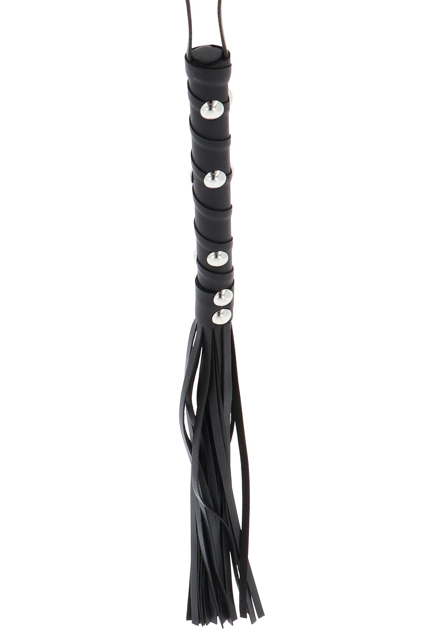 Zwarte flogger met metalen studs op het handvat en dubbele franjes met koorden