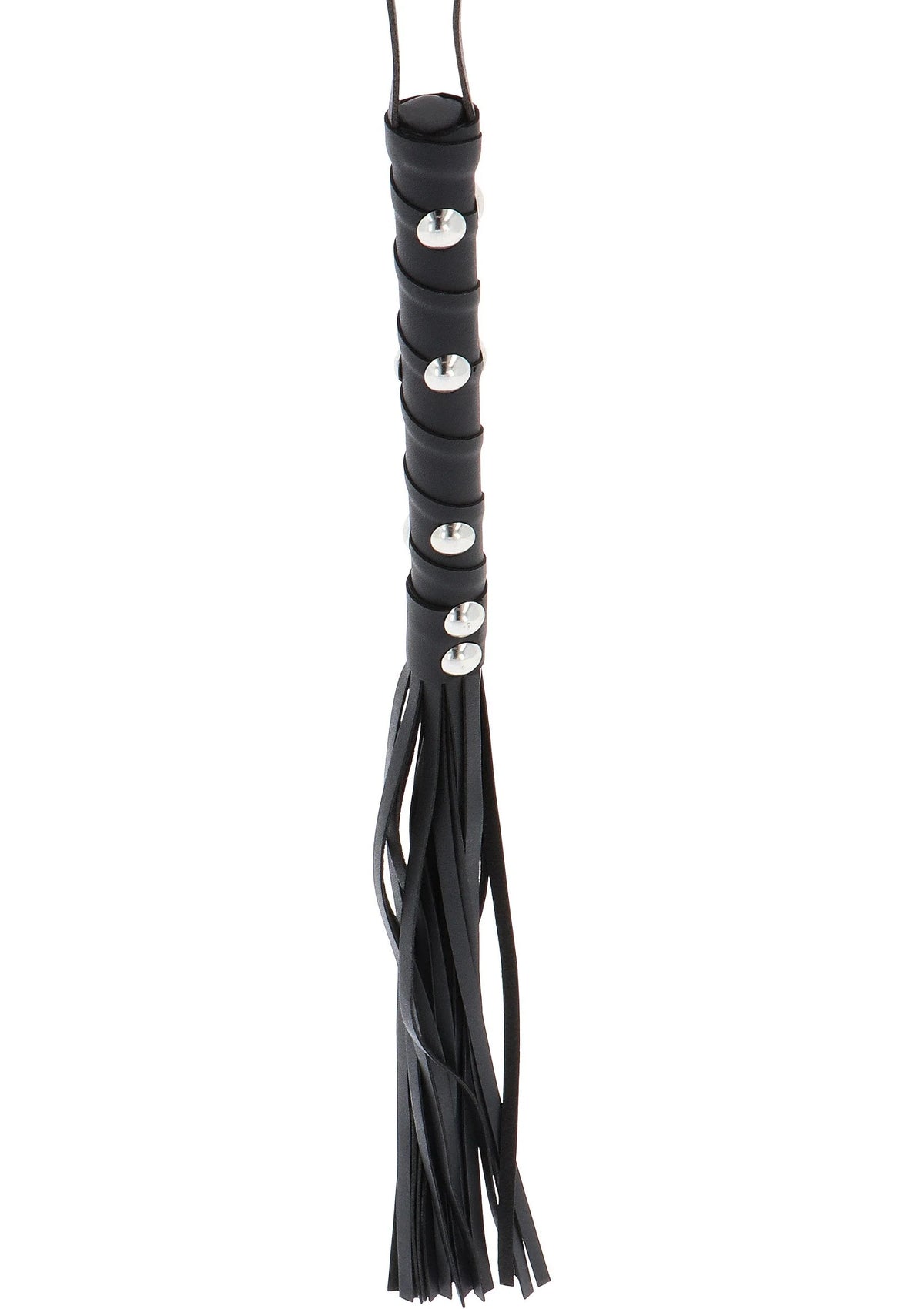 Zwarte flogger met metalen studs op het handvat en dubbele franjes met koorden
