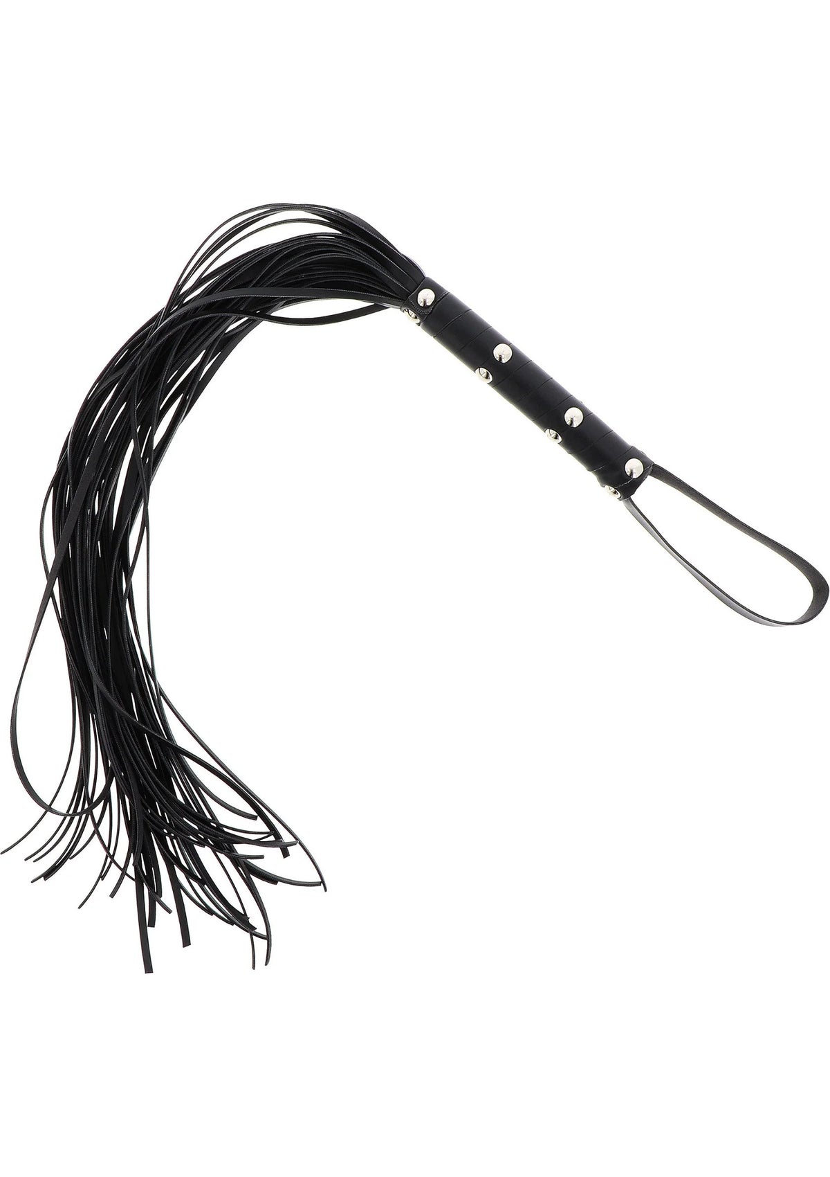 Lange zwarte zweepflogger met franjes en rijen metalen studs langs de smalle riem