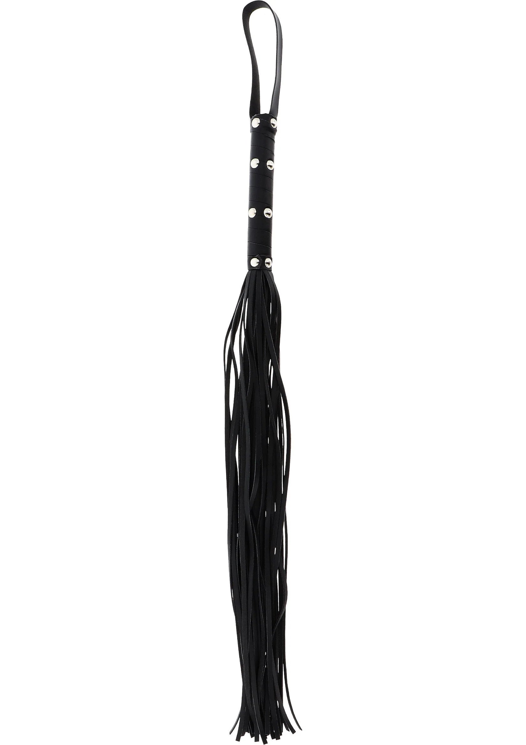 Zwarte zweepflogger met lange riemfranjes en metalen studs, met lusvormige bevestiging