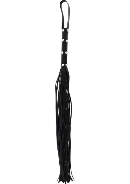 Zwarte zweepflogger met lange riemfranjes en metalen studs, met lusvormige bevestiging