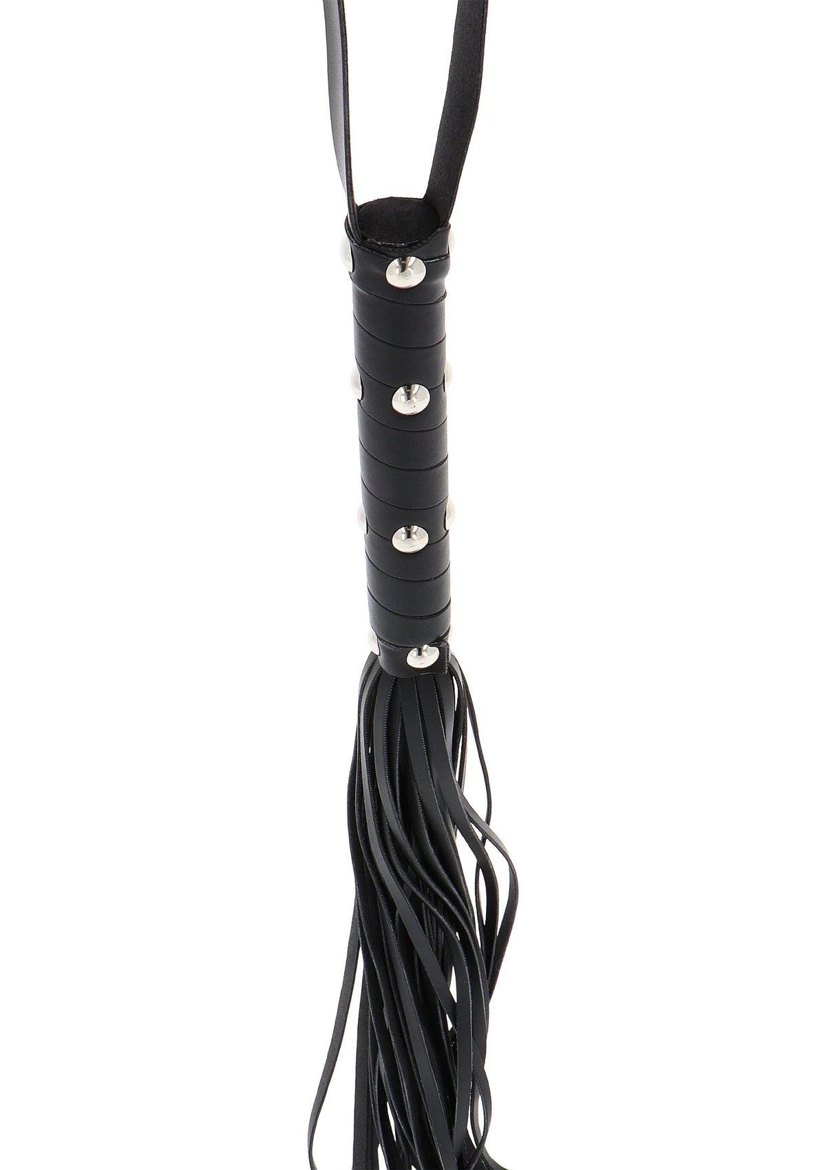 Zwarte zweepflogger-handgreep met metalen studs en franjes van meerdere losse riemen
