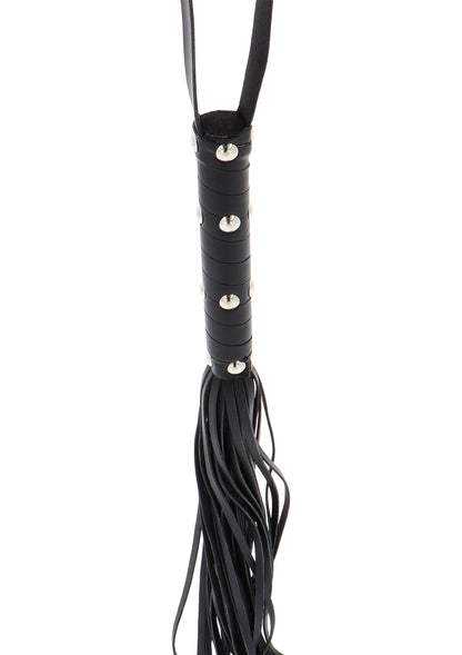 Zwarte zweepflogger-handgreep met metalen studs en franjes van meerdere losse riemen