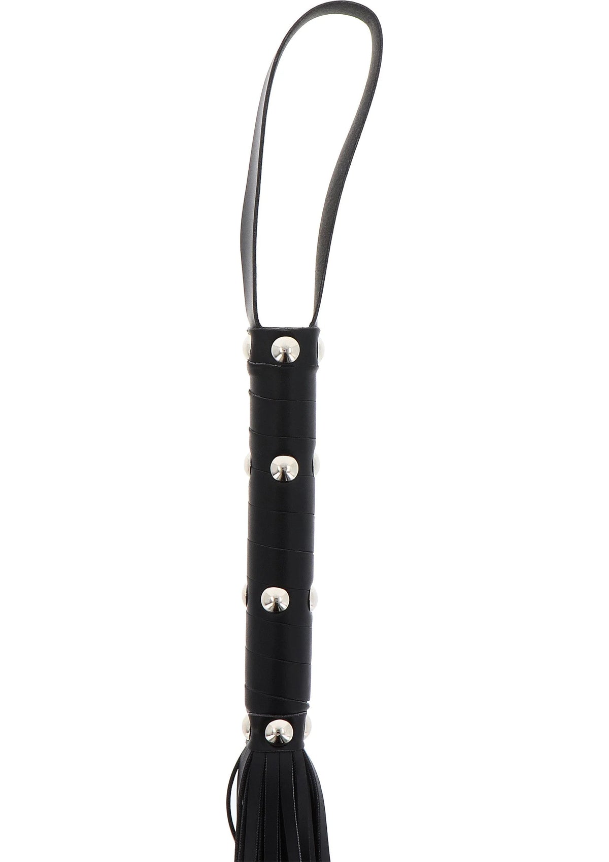 Zwarte zweepflogger-handgreep met ronde metalen studs en opwaaiende riemfranjes