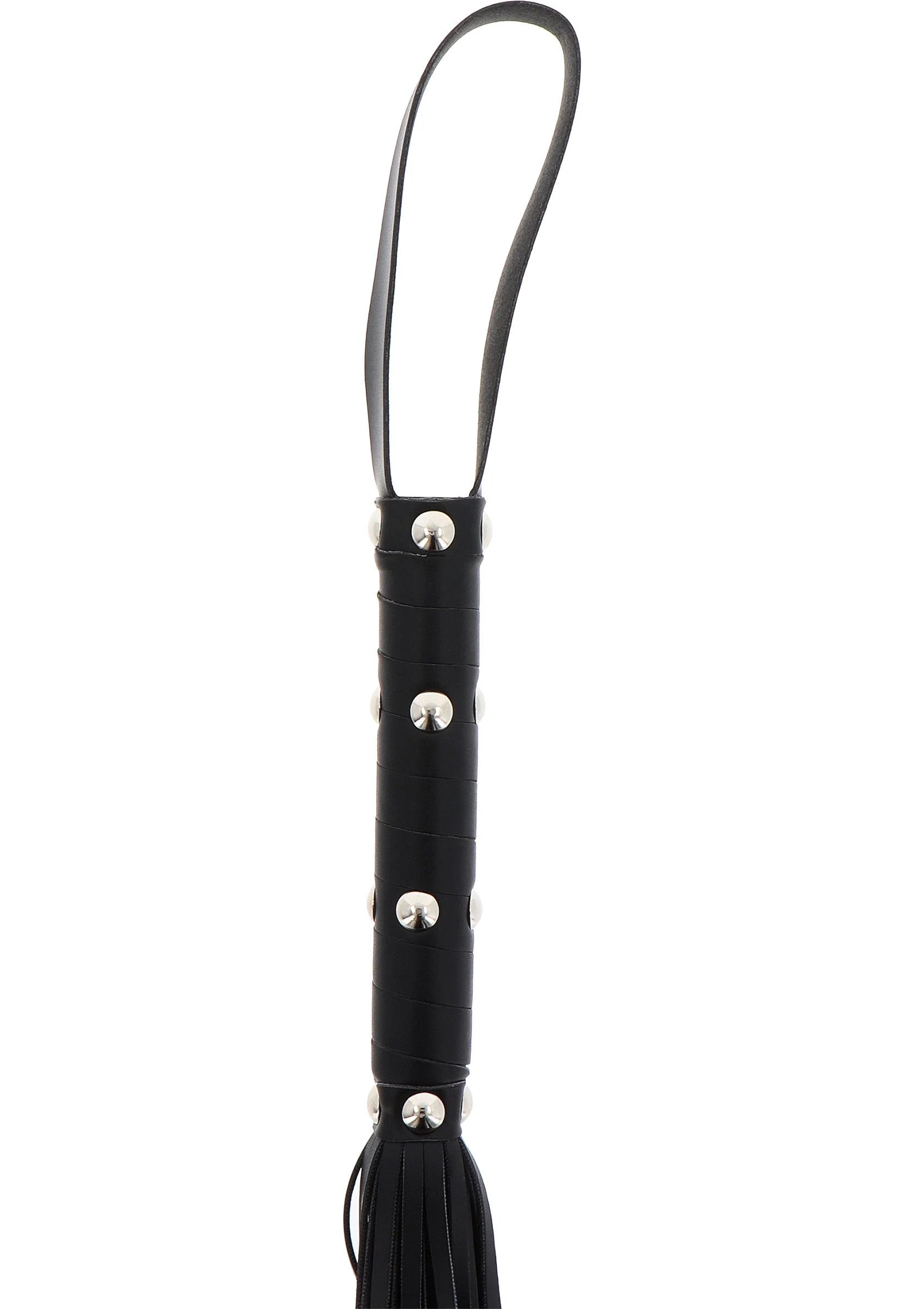 Zwarte zweepflogger-handgreep met ronde metalen studs en opwaaiende riemfranjes