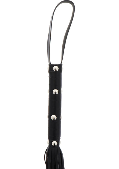 Zwarte zweepflogger-handgreep met ronde metalen studs en opwaaiende riemfranjes