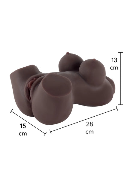 Bruine seksmasturbator in zijaanzicht met afmetingen 15 cm en 28 cm, hoogte 13 cm